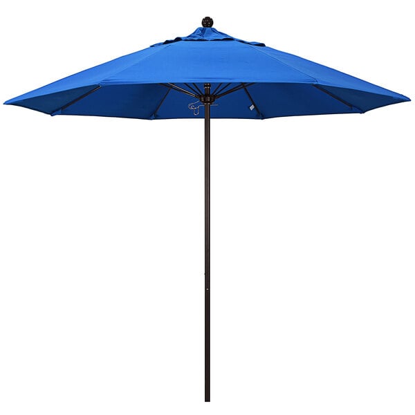 A royal blue California Umbrella with a black aluminum pole.