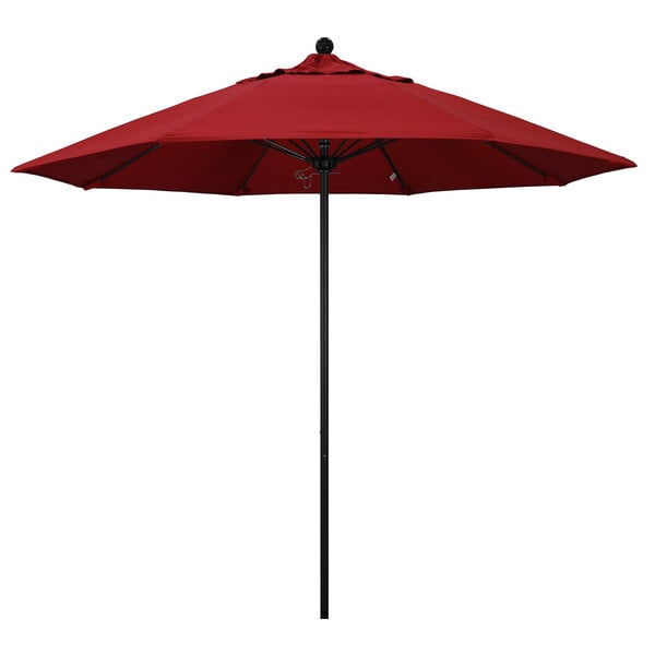 A close-up of a red California Umbrella with a black pole.