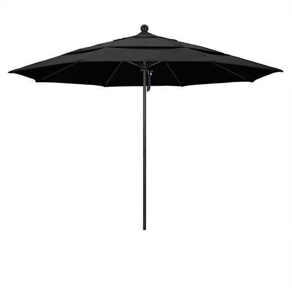 A black California Umbrella with a black pole and ball on top.