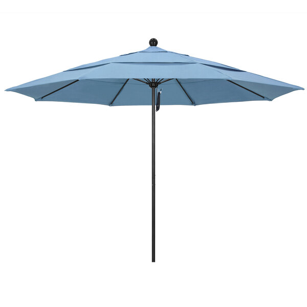 A close-up of a California Umbrella with a blue Sunbrella canopy and black aluminum pole.