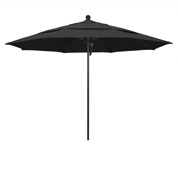 A black California Umbrella with a black pole.