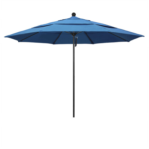 A blue California Umbrella with a black pole and ball on top.