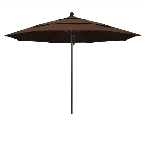 A brown California Umbrella with a black pole.