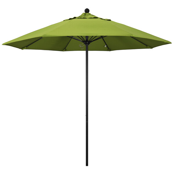 A green California Umbrella with Sunbrella Macaw fabric on a white background.