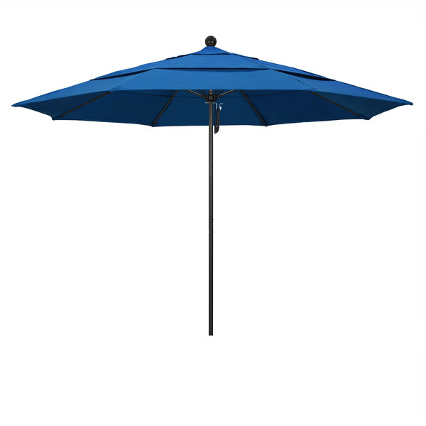 A Pacific blue California Umbrella with a black pole.