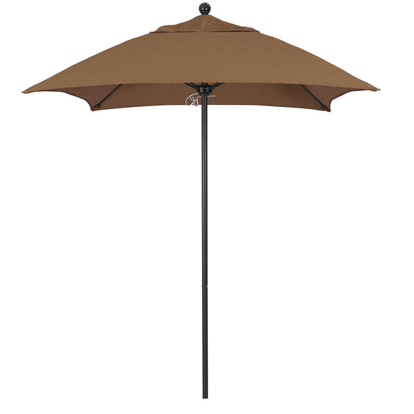 A brown California Umbrella Venture Series teak sunbrella on a black pole.