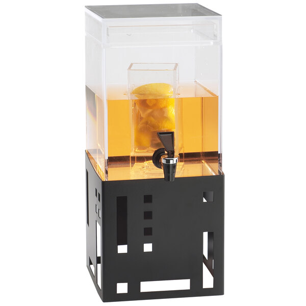 A black and clear Cal-Mil beverage dispenser with lemons in it.