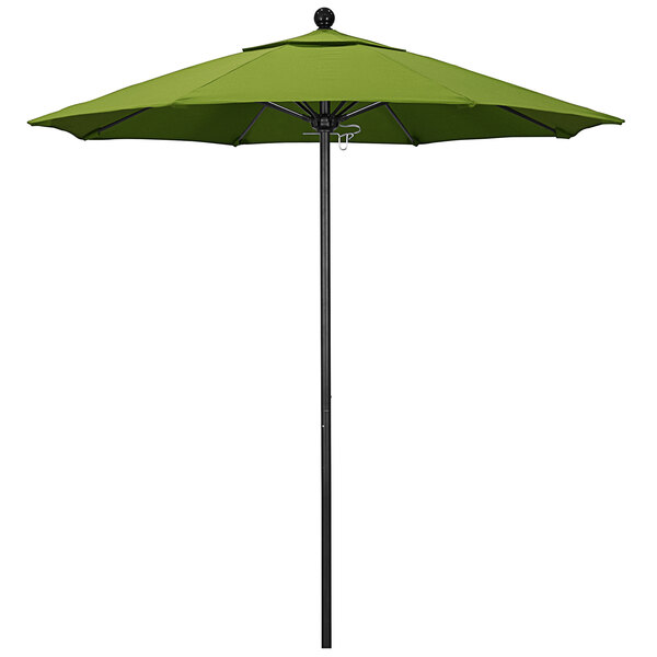 A green California Umbrella with Sunbrella Macaw fabric on a black pole.