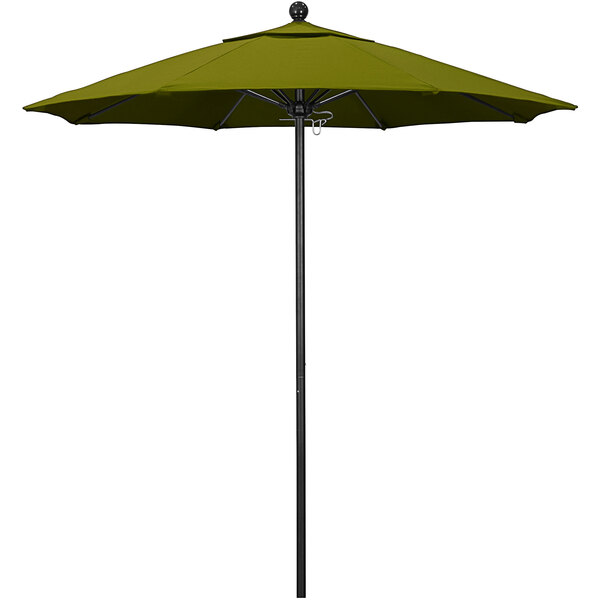 A green umbrella with a black pole.