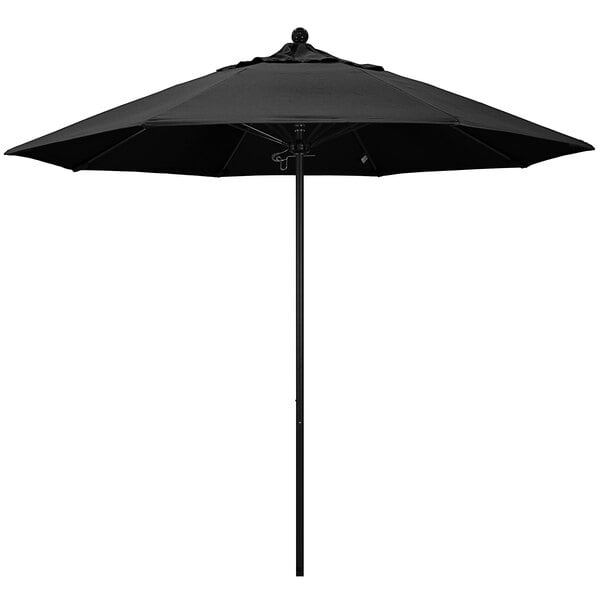 A black California Umbrella ALTO outdoor table umbrella with a black metal pole.