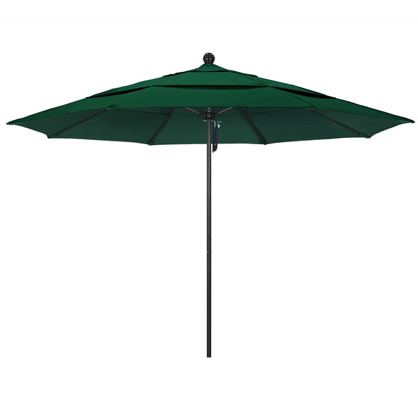 A Forest Green Sunbrella canopy on a black pole.