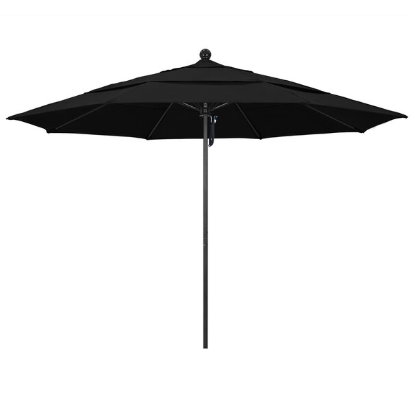 A black California Umbrella with a black metal pole.