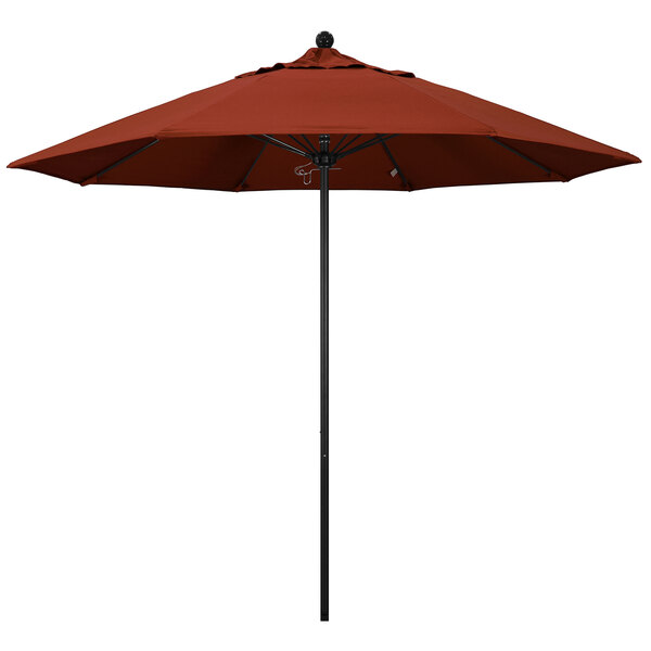 A California Umbrella ALTO 908 with a Sunbrella terracotta canopy on a black pole.