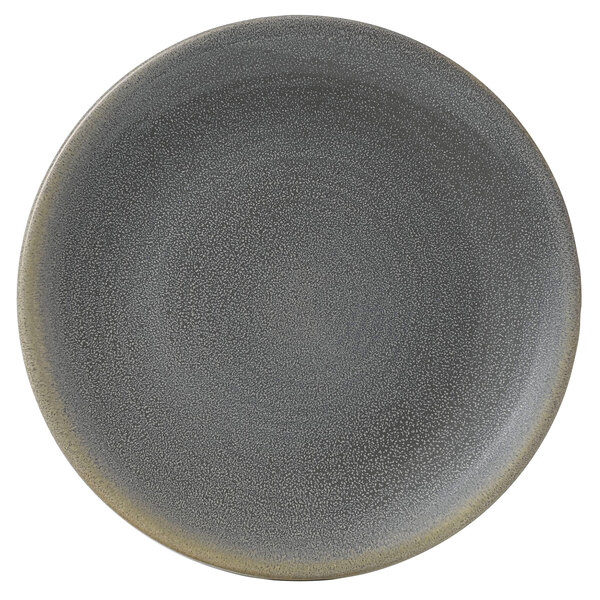 A Dudson matte granite stoneware plate with a brown rim.