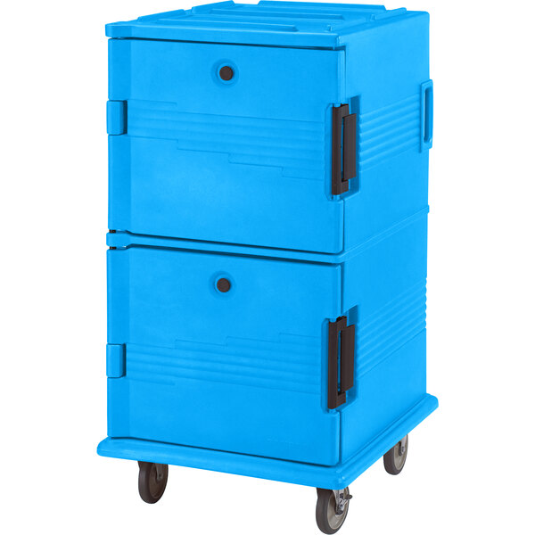 A light blue plastic food pan carrier with casters.