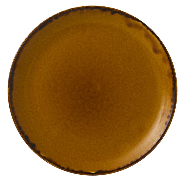 A Dudson Harvest brown coupe plate with a brown rim.