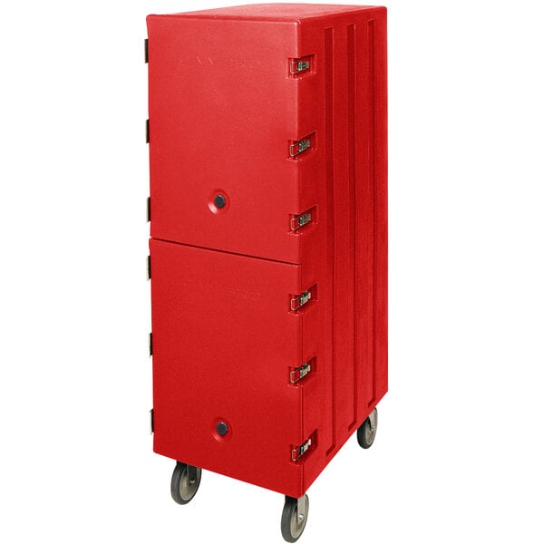 A red plastic Cambro double compartment food storage box carrier with casters.