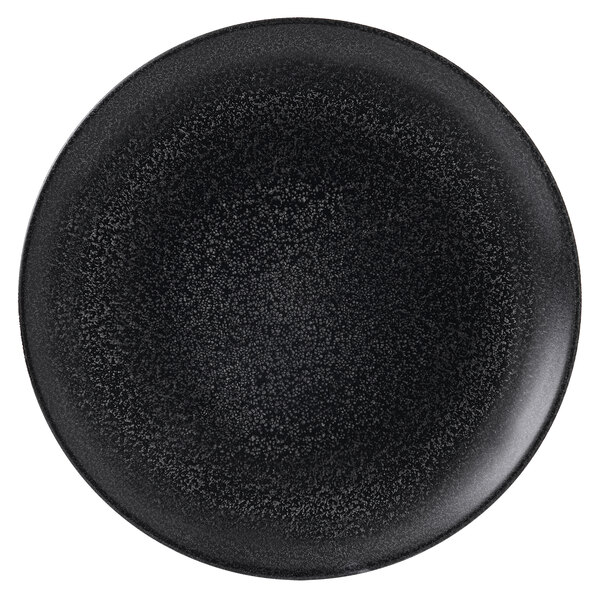 A Dudson Evo Origins black coupe plate with a speckled texture.