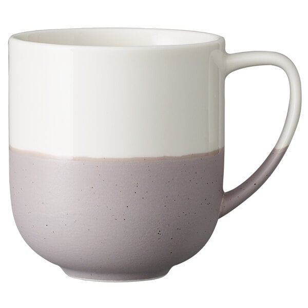 A white porcelain coffee mug with a gray speckled design and handle.