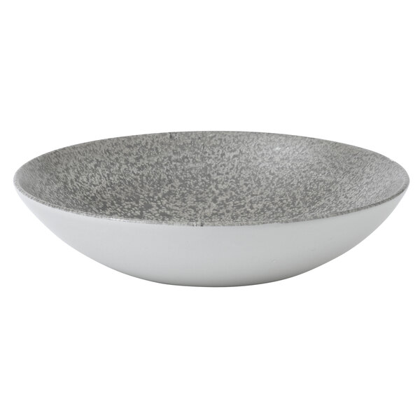 A close-up of a Dudson Evo Origins natural grey china bowl with a speckled design.