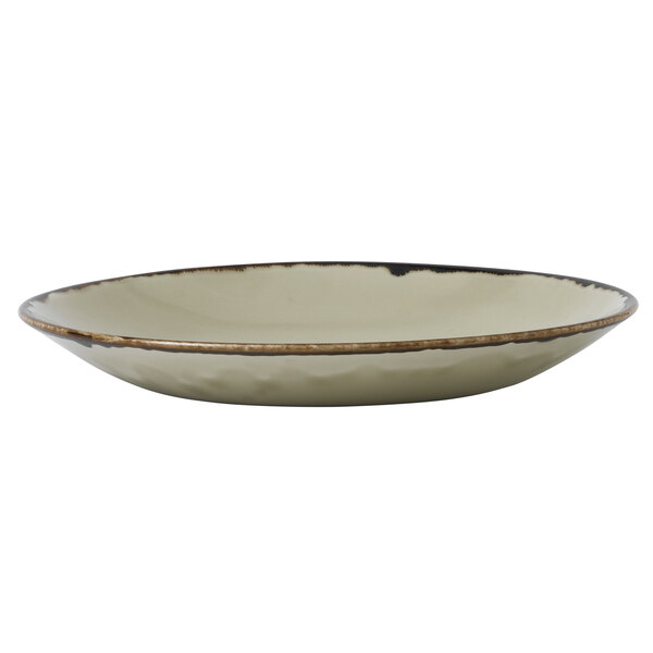 A Dudson Harvest linen china plate with a brown rim.