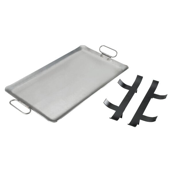 A Cal-Mil stainless steel griddle plate with metal brackets.