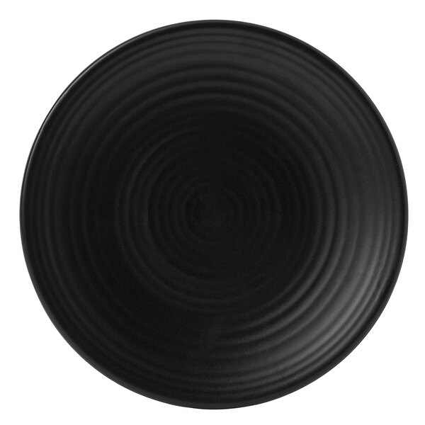 A black Dudson Evo stoneware plate with spiral lines.