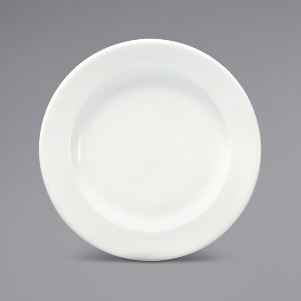 A Sant'Andrea Montague bone china plate with a white rim on a gray background.