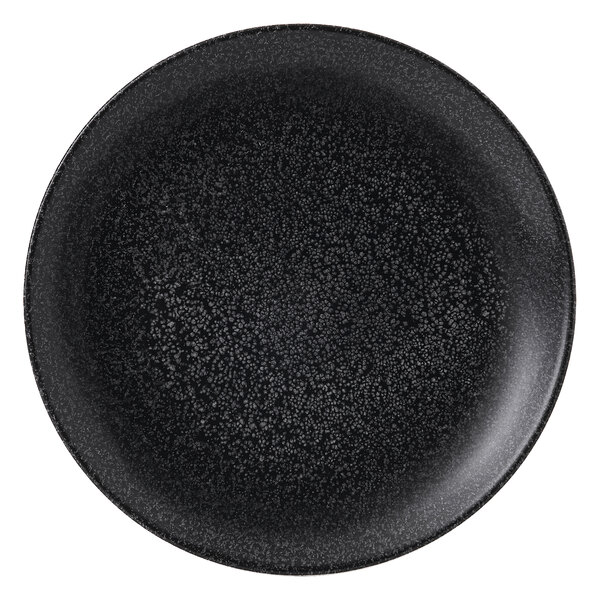 A Dudson black coupe plate with a speckled texture.