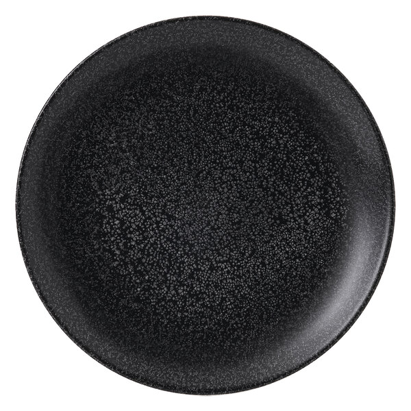 A Dudson Evo Origins black china plate with a speckled texture and black rim.