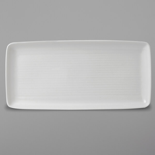 A white rectangular Dudson stoneware platter with a thin rim.