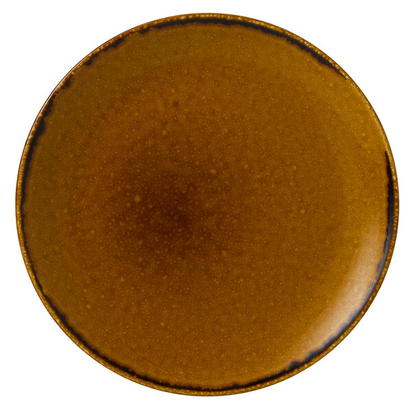 A close-up of a brown Dudson Harvest china plate.