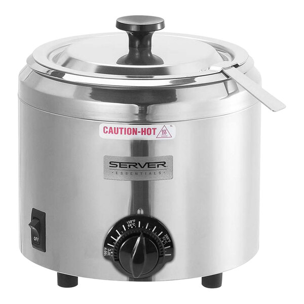 A Server stainless steel condiment warmer with a lid.