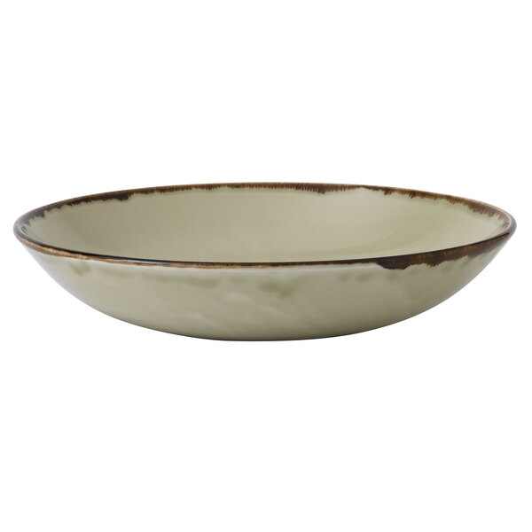 A Dudson Harvest china bowl with a brown rim and a white background.