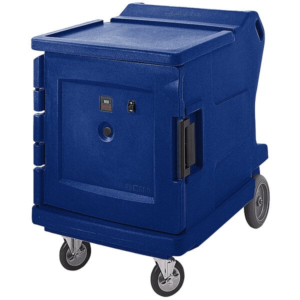 A navy blue Cambro Camtherm low profile electric hot food holding cabinet on wheels.