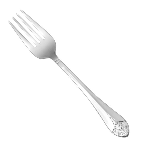 An Oneida stainless steel salad/pastry fork with a silver handle and design.