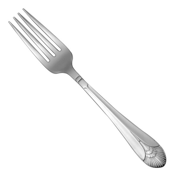An Oneida New York stainless steel dinner fork with a design on the handle.