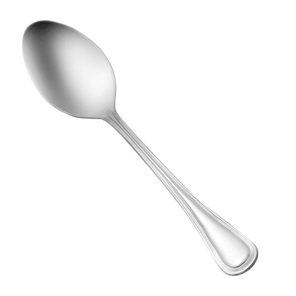 A close-up of the silver handle of a Oneida Barcelona stainless steel teaspoon.