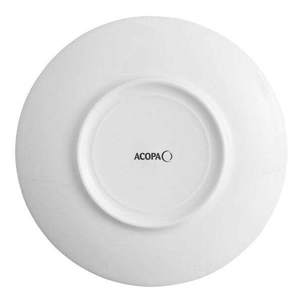A white porcelain plate with embossed lines and a wide rim, shown from the bottom with the Acopa brand logo.