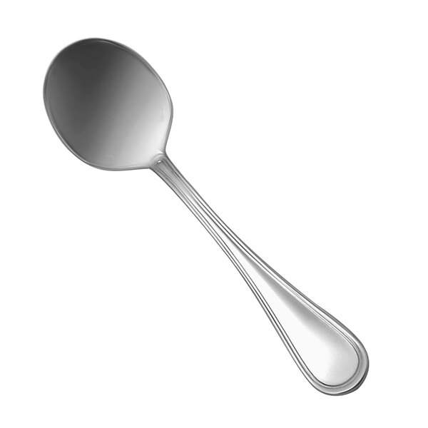 The bowl of a Sant'Andrea Bellini stainless steel soup spoon with a silver handle.