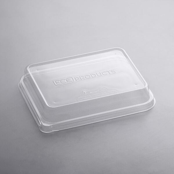 A clear rectangular Eco-Products compostable plastic lid on a clear plastic food container.