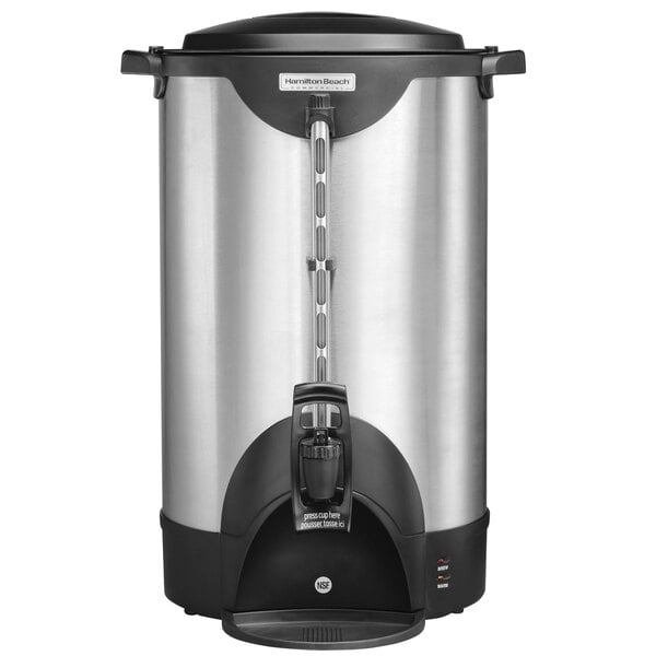 A Hamilton Beach stainless steel coffee urn with a black handle.