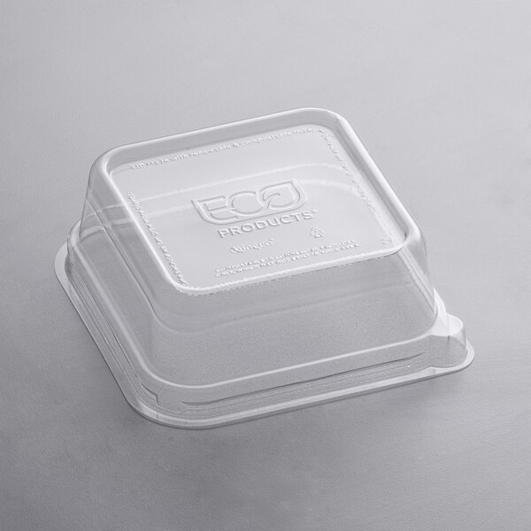 A clear Eco-Products square compostable plastic lid on a clear container.