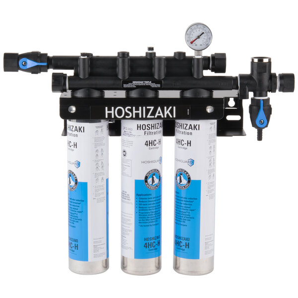 A Hoshizaki water filtration system with three filters.