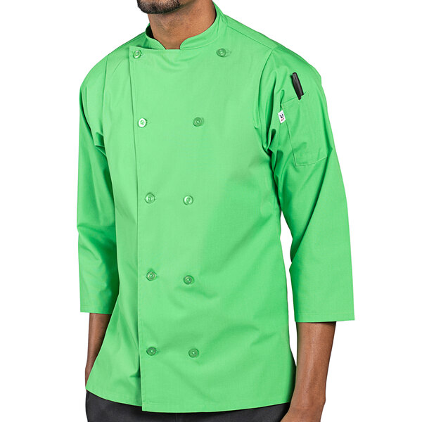 A person wearing a lime green Uncommon Chef 3/4 sleeve chef coat.