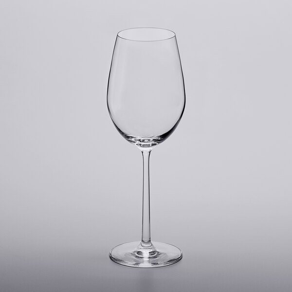 A close-up of a clear Lucaris Beaujolais wine glass.