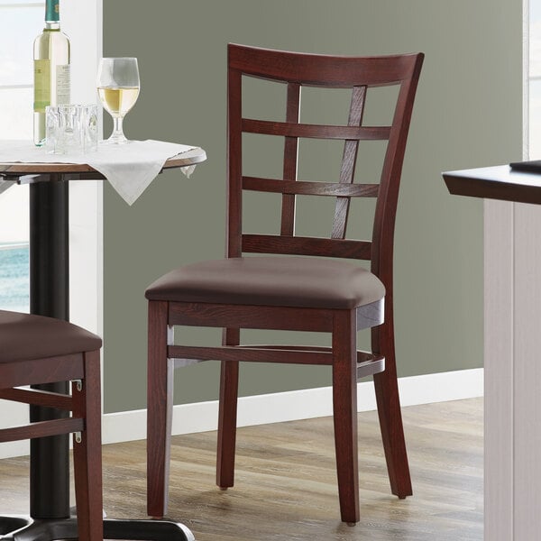 Lancaster Table & Seating Mahogany Wooden Window Back Chair with 2 1/2" Dark Brown Padded Seat