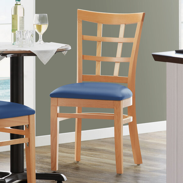 Lancaster Table & Seating Natural Wooden Window Back Chair with 2 1/2" Navy Padded Seat