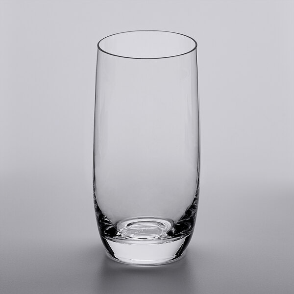 A clear Lucaris longdrink glass on a white surface.