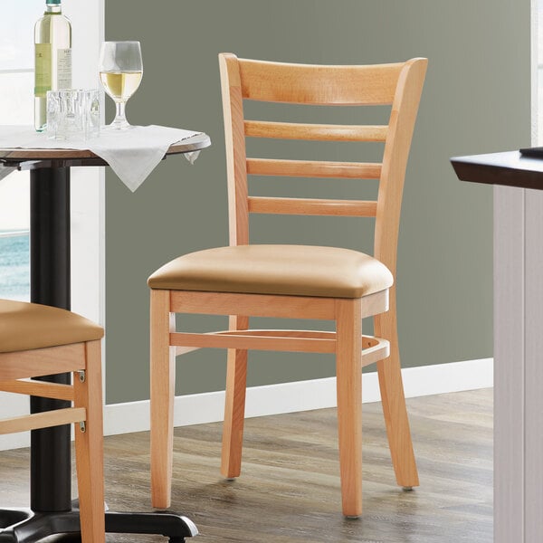 Lancaster Table & Seating Natural Finish Wooden Ladder Back Chair with 2 1/2" Light Brown Padded Seat